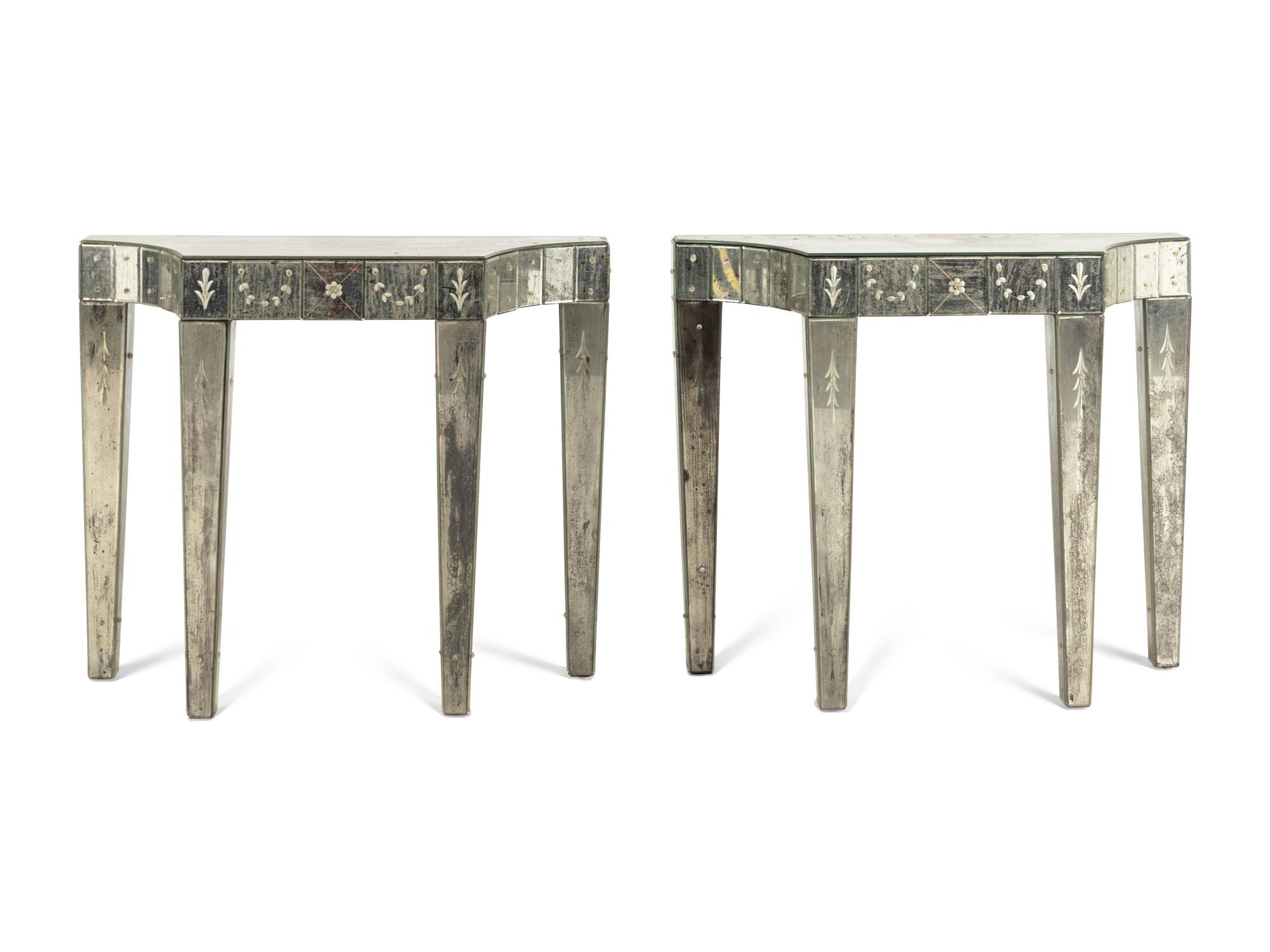 A Pair of Venetian Style Mirror-Veneered Console Tables and Mirrors