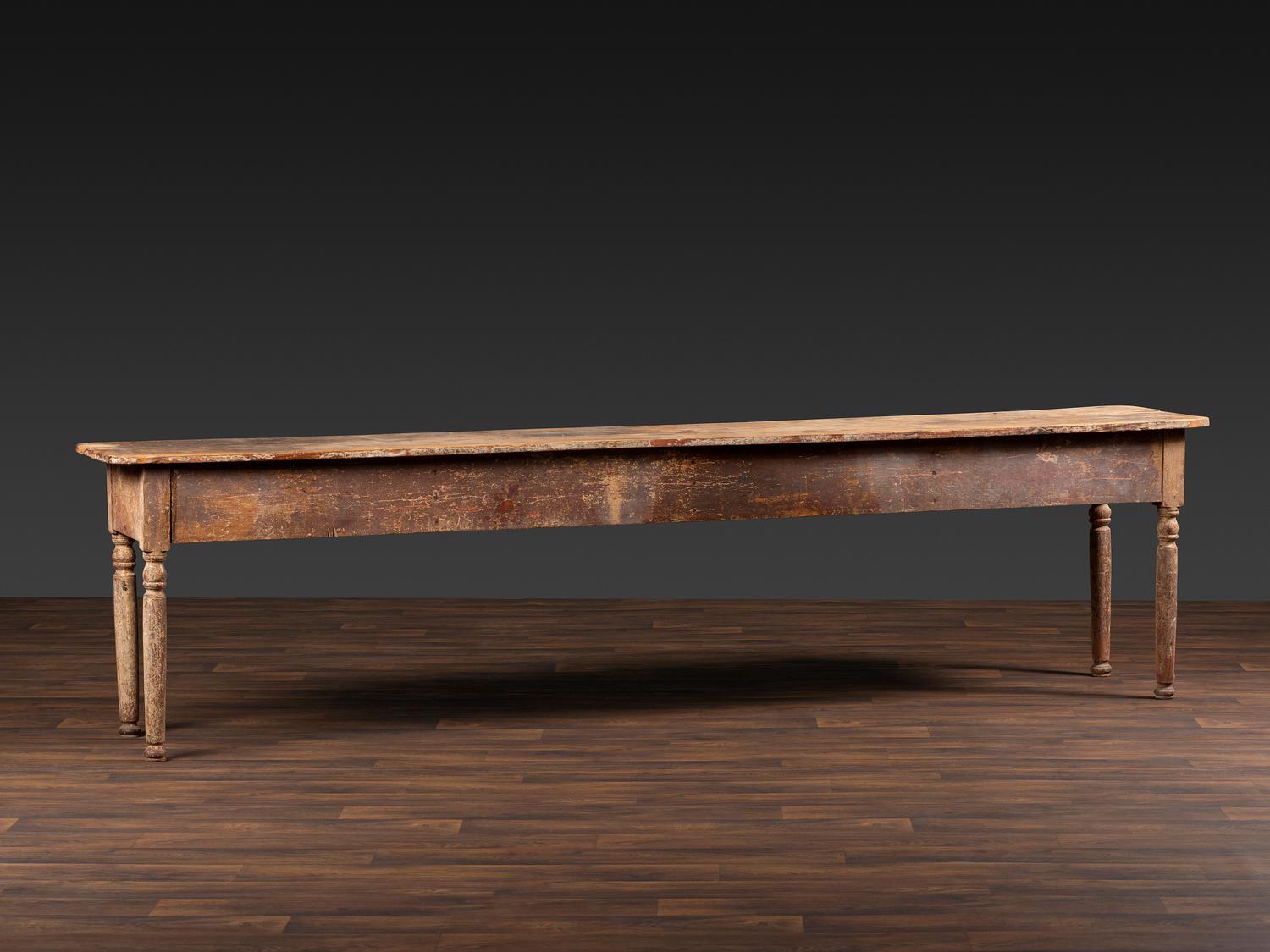 A Country Red Painted Scrubbed Single-Plank Top Pine Harvest Table