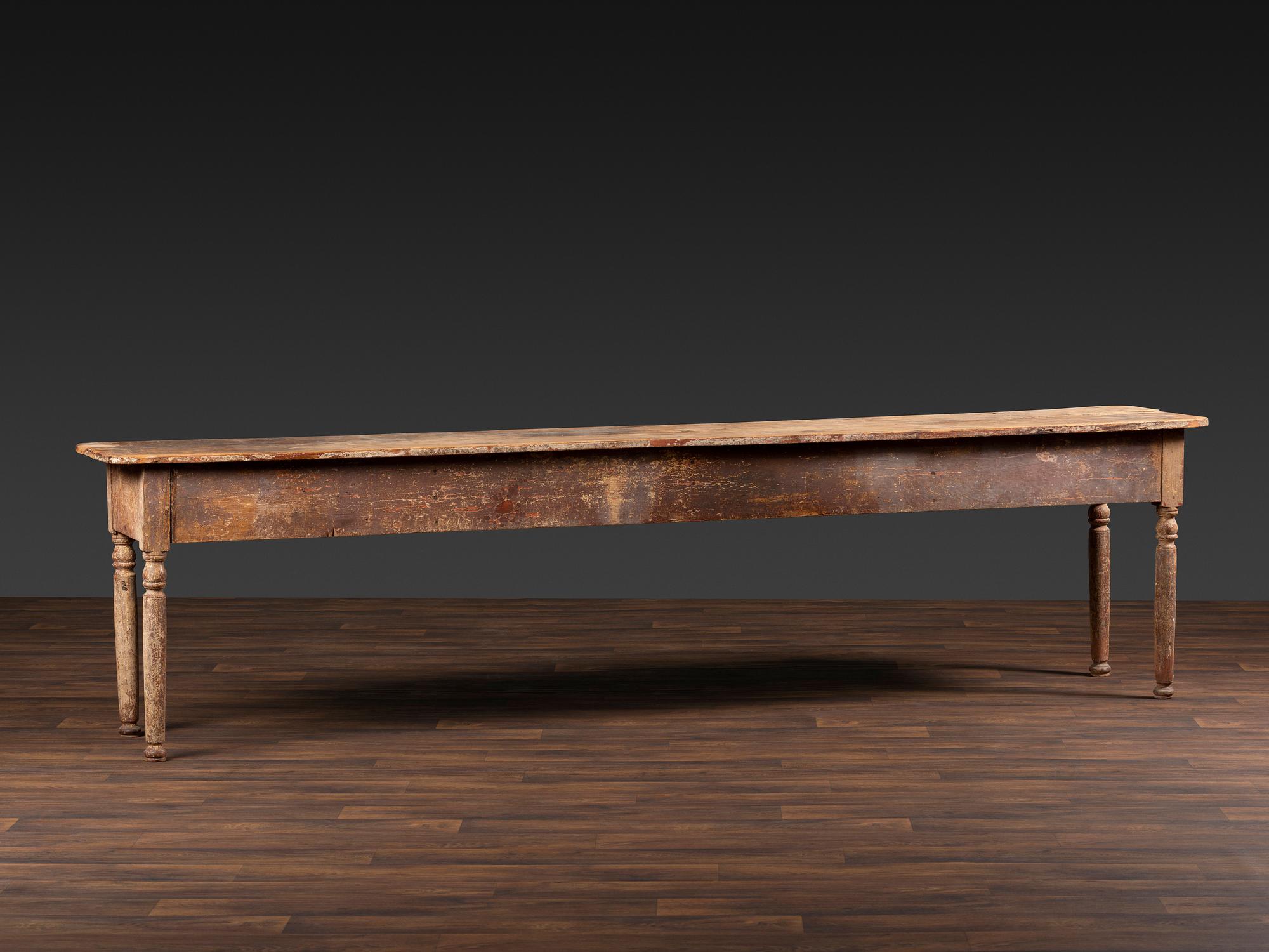 A Country Red Painted Scrubbed Single-Plank Top Pine Harvest Table