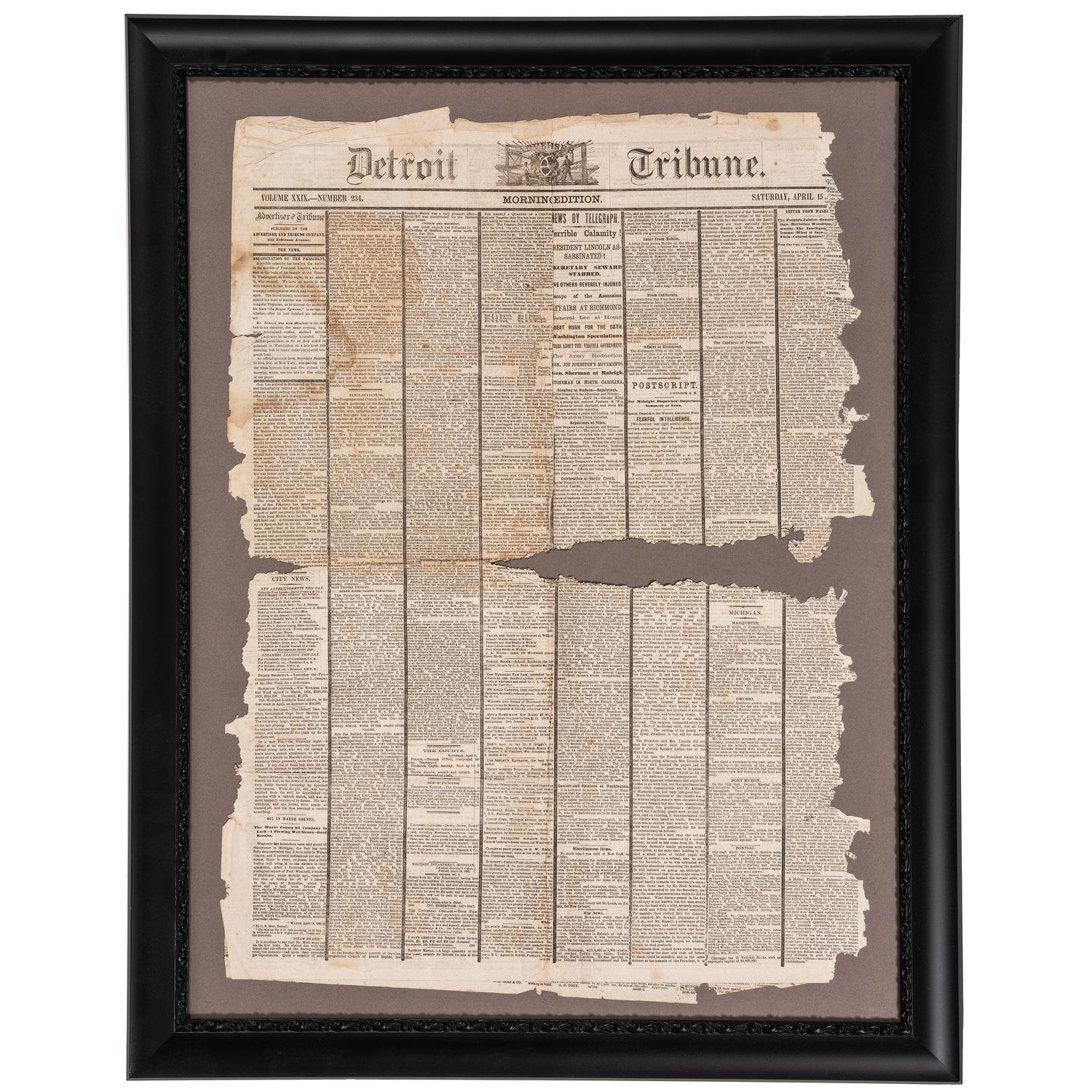 [LINCOLNIANA - ASSASSINATION]. Detroit Tribune. Vol. XXIX, No. 234. 15 April 1865.