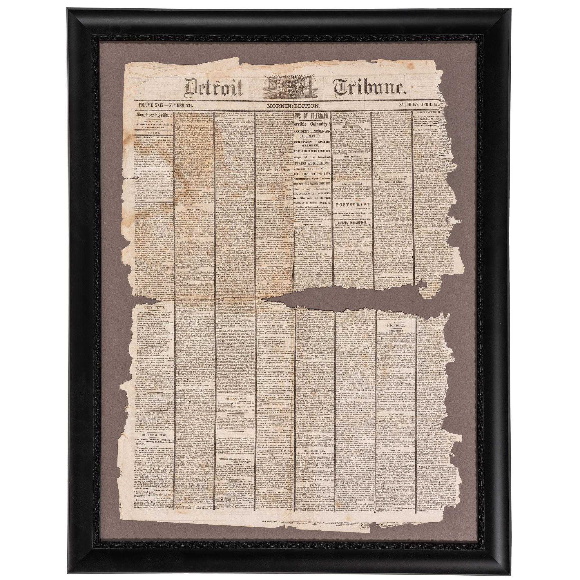 [LINCOLNIANA - ASSASSINATION]. Detroit Tribune. Vol. XXIX, No. 234. 15 April 1865.