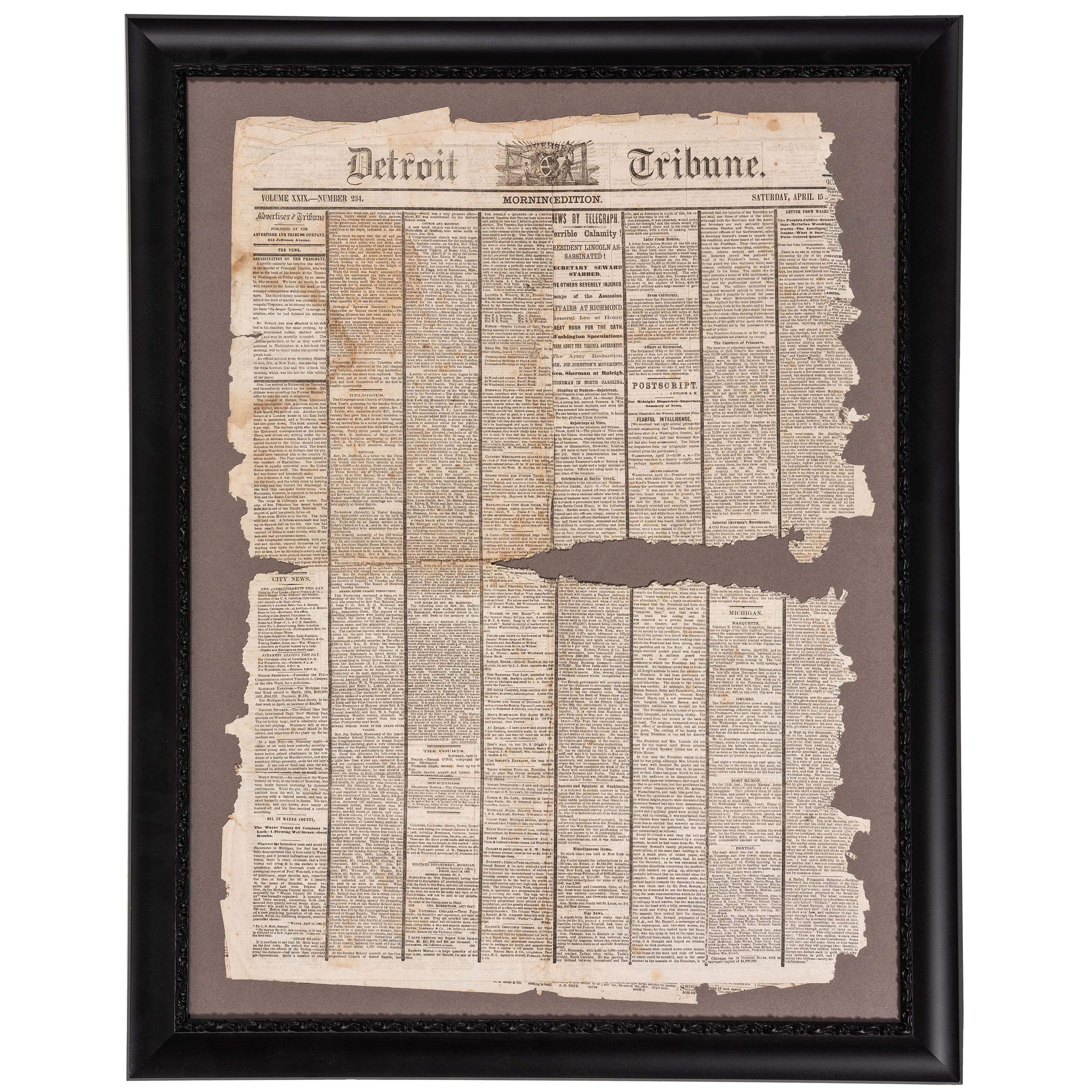 [LINCOLNIANA - ASSASSINATION]. Detroit Tribune. Vol. XXIX, No. 234. 15 April 1865.