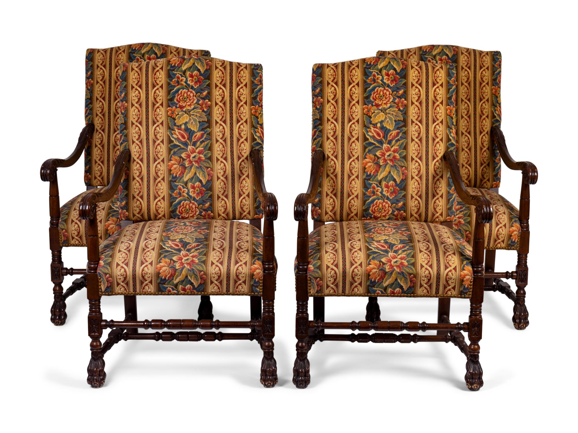 Four Spanish Colonial Style Carved Mahogany Open Armchairs — 20TH CENTURY