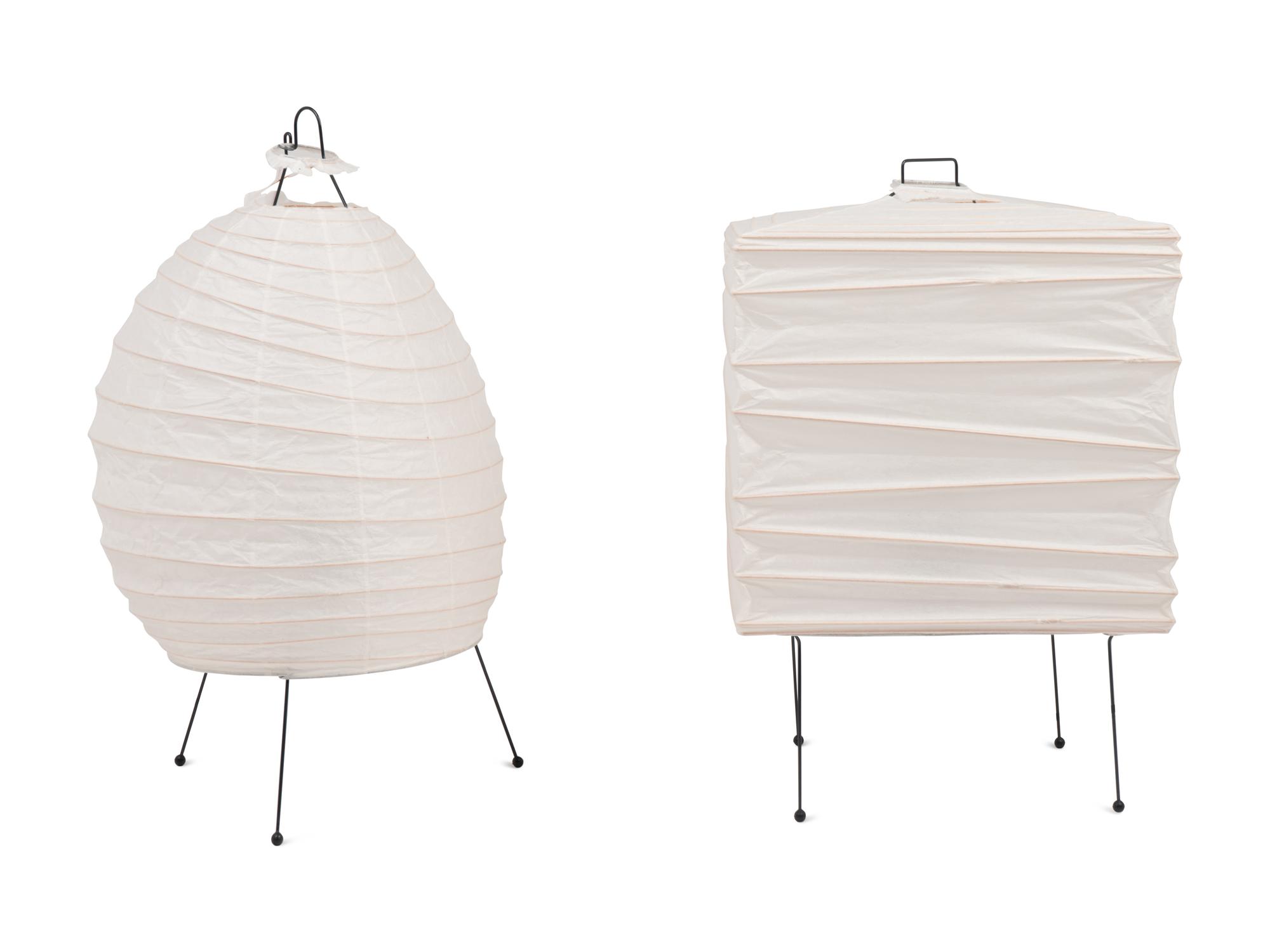 Two Rice Paper and Enameled Metal Table Lamps by Isamu Noguchi (American, 1904-1988)