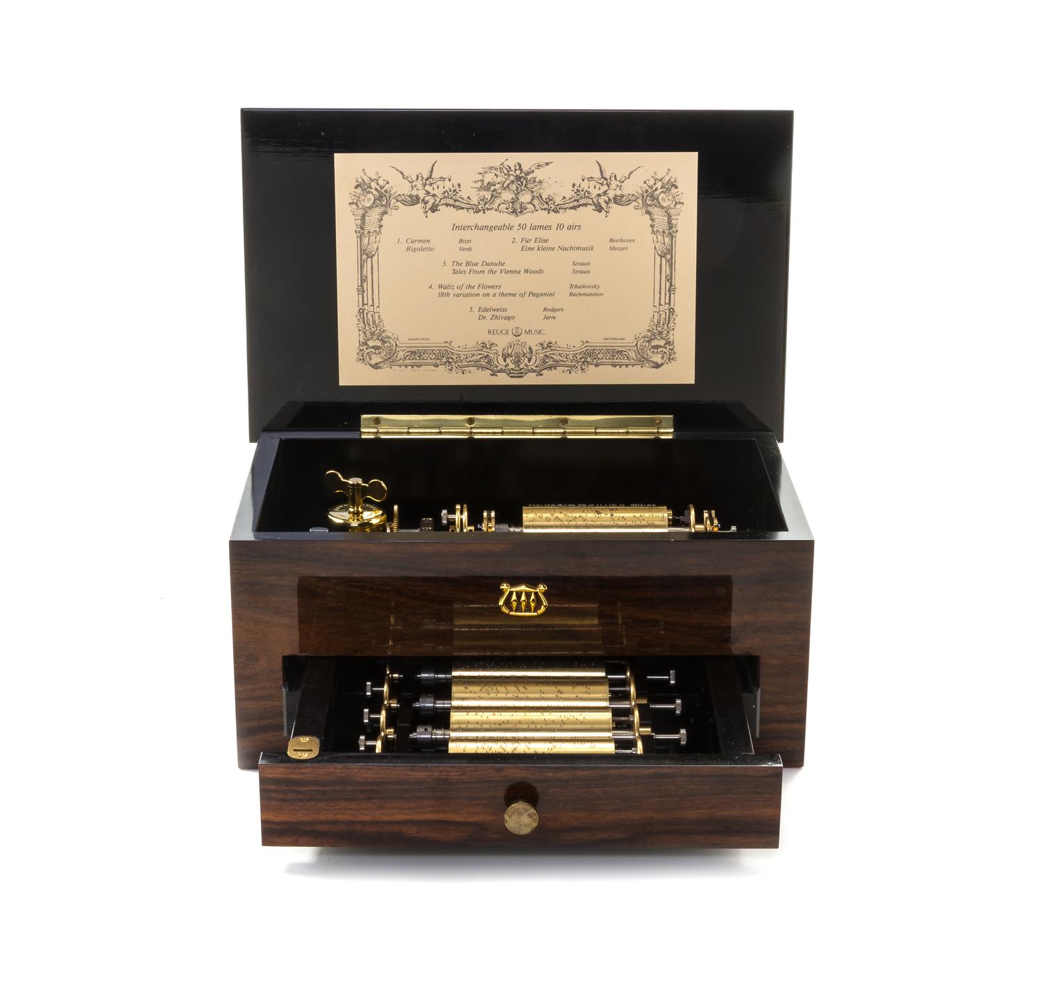 A Swiss Rosewood Cylinder Music Box, REUGE, Height 4 7/8 x width 10 3/8 x depth 6 3/8 inches. — REUGE,