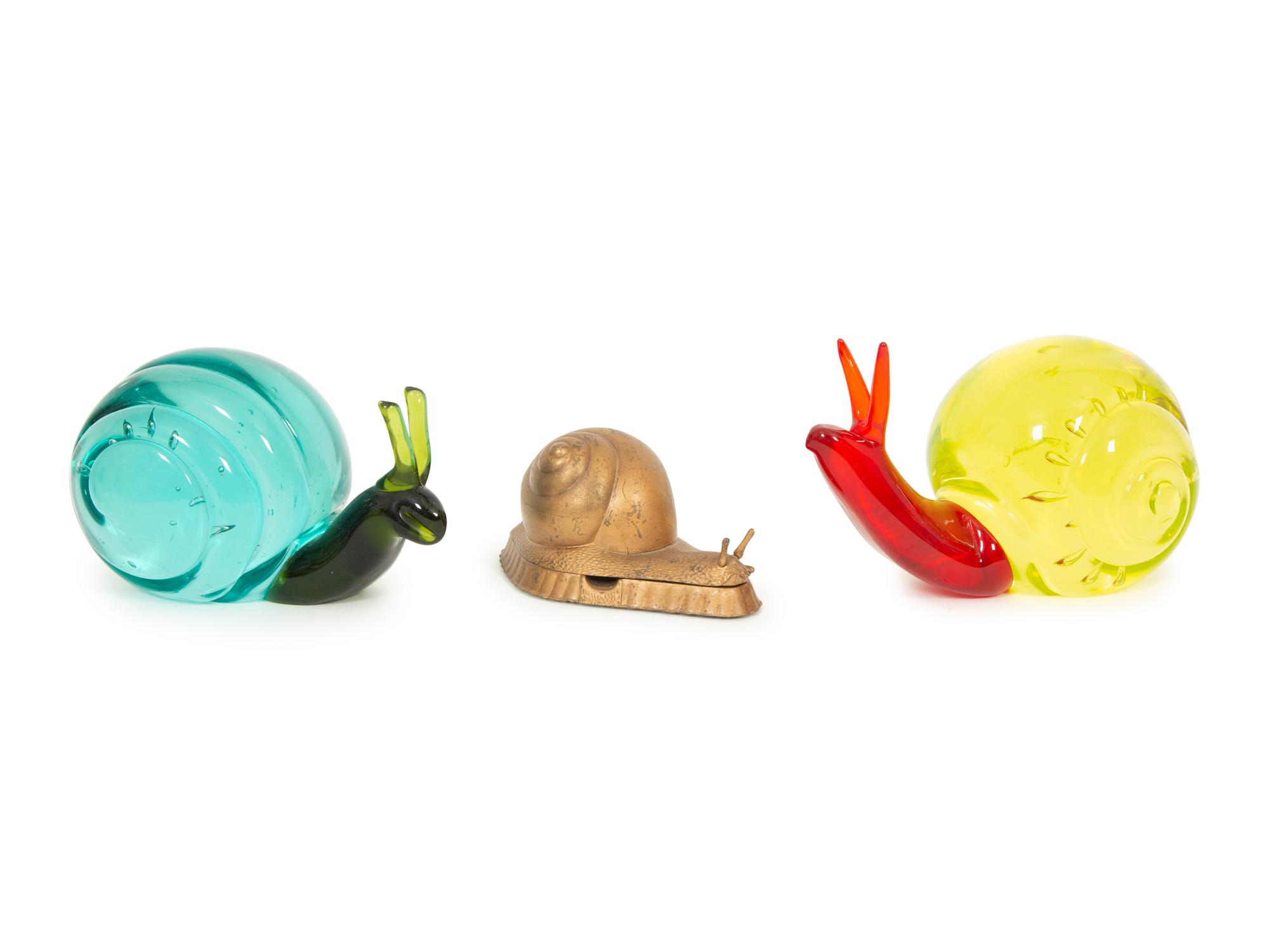 Two Murano Colored Glass Snails and a Gilt Metal Snail-Form Ashtray