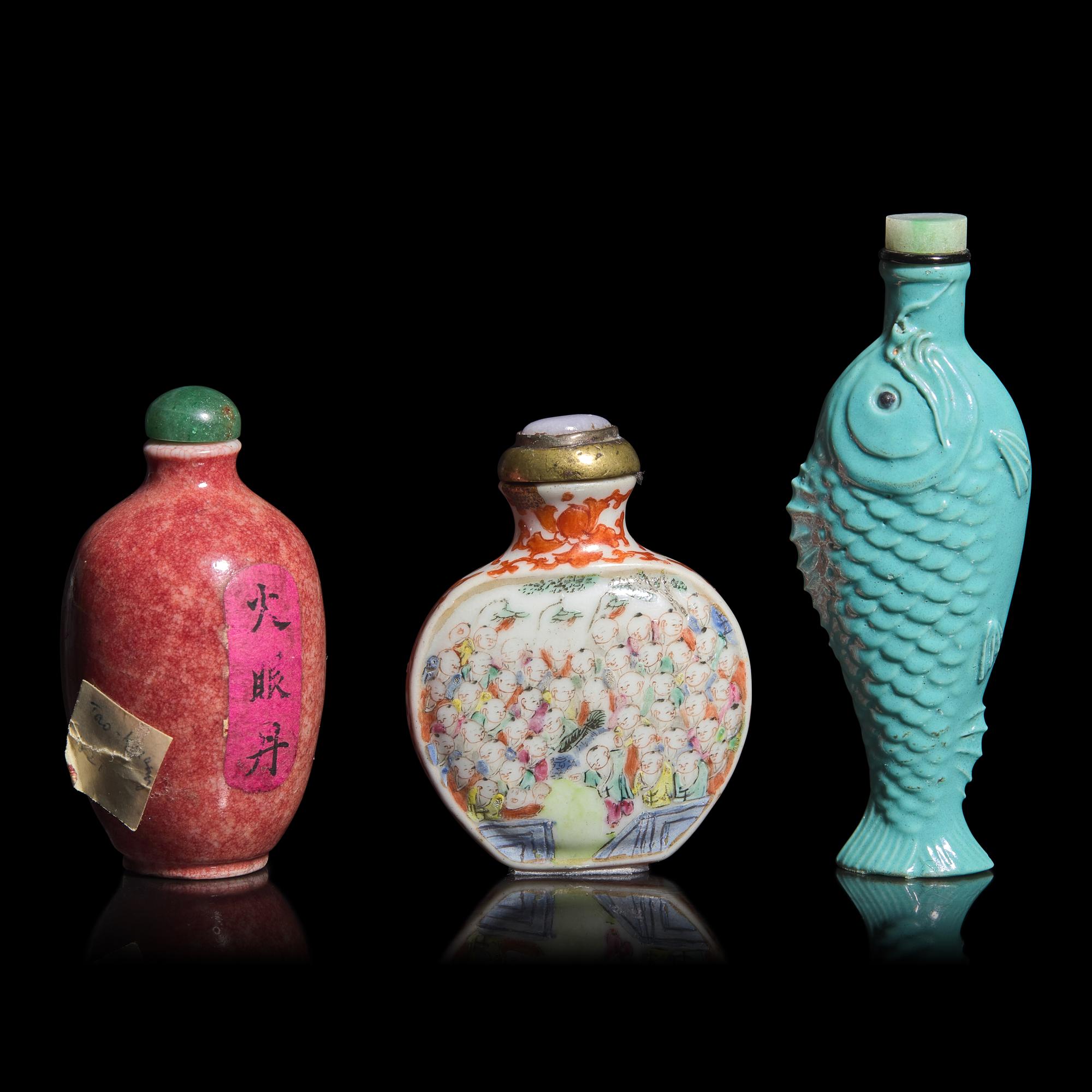 Three Chinese Porcelain Snuff and Medicine Bottles, Qing Dynasty (1644-1911)