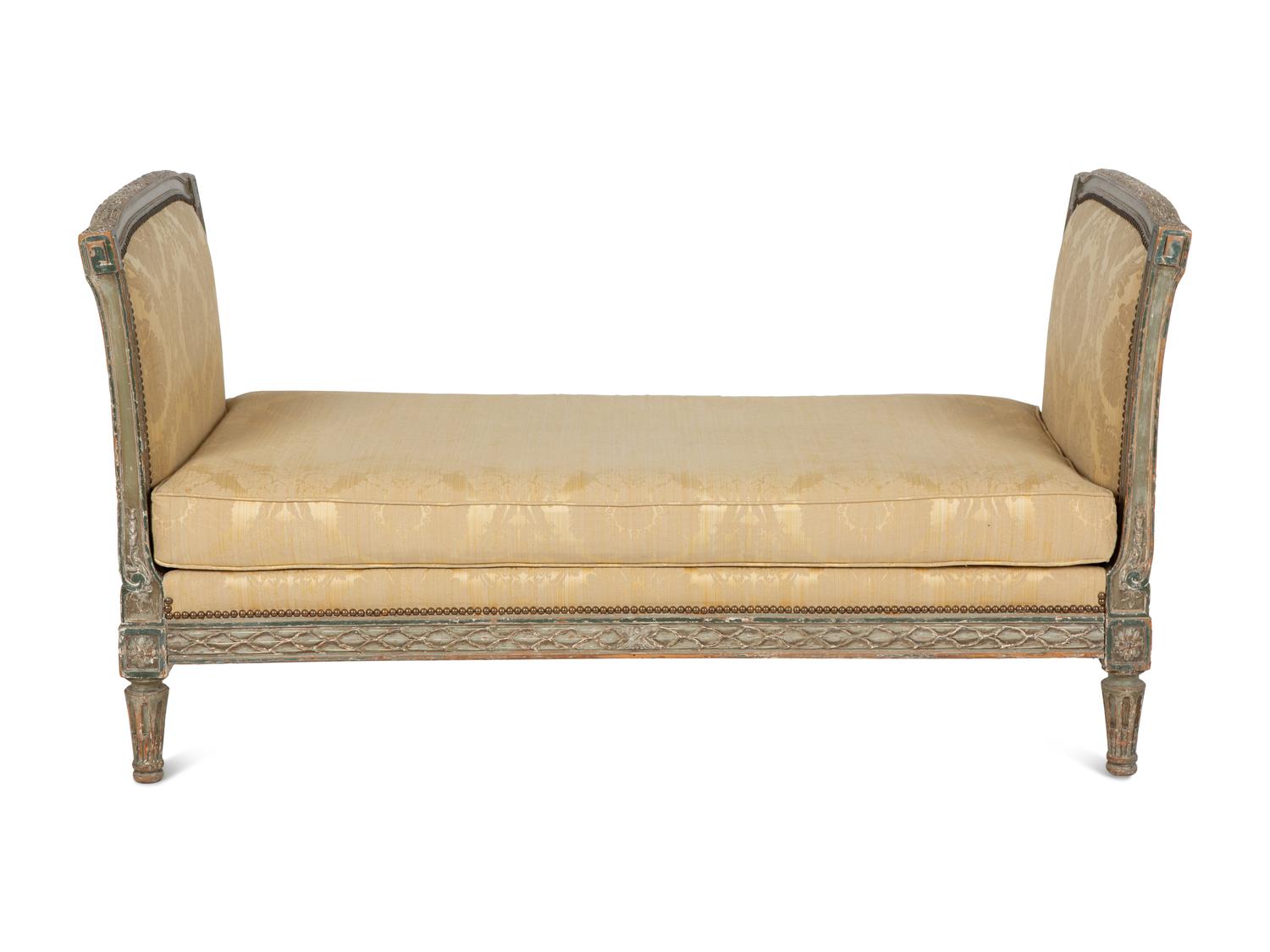 A Louis XVI Style Painted Daybed with Scalamandré Love Bird Pattern Silk Damask Upholstery