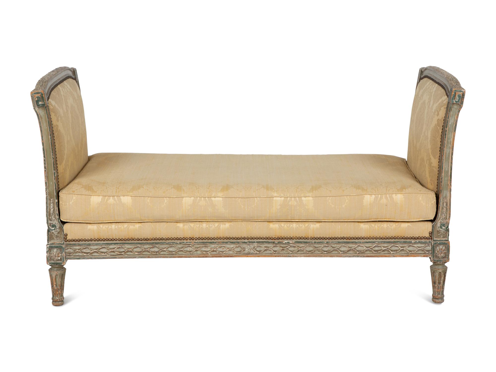 A Louis XVI Style Painted Daybed with Scalamandré Love Bird Pattern Silk Damask Upholstery