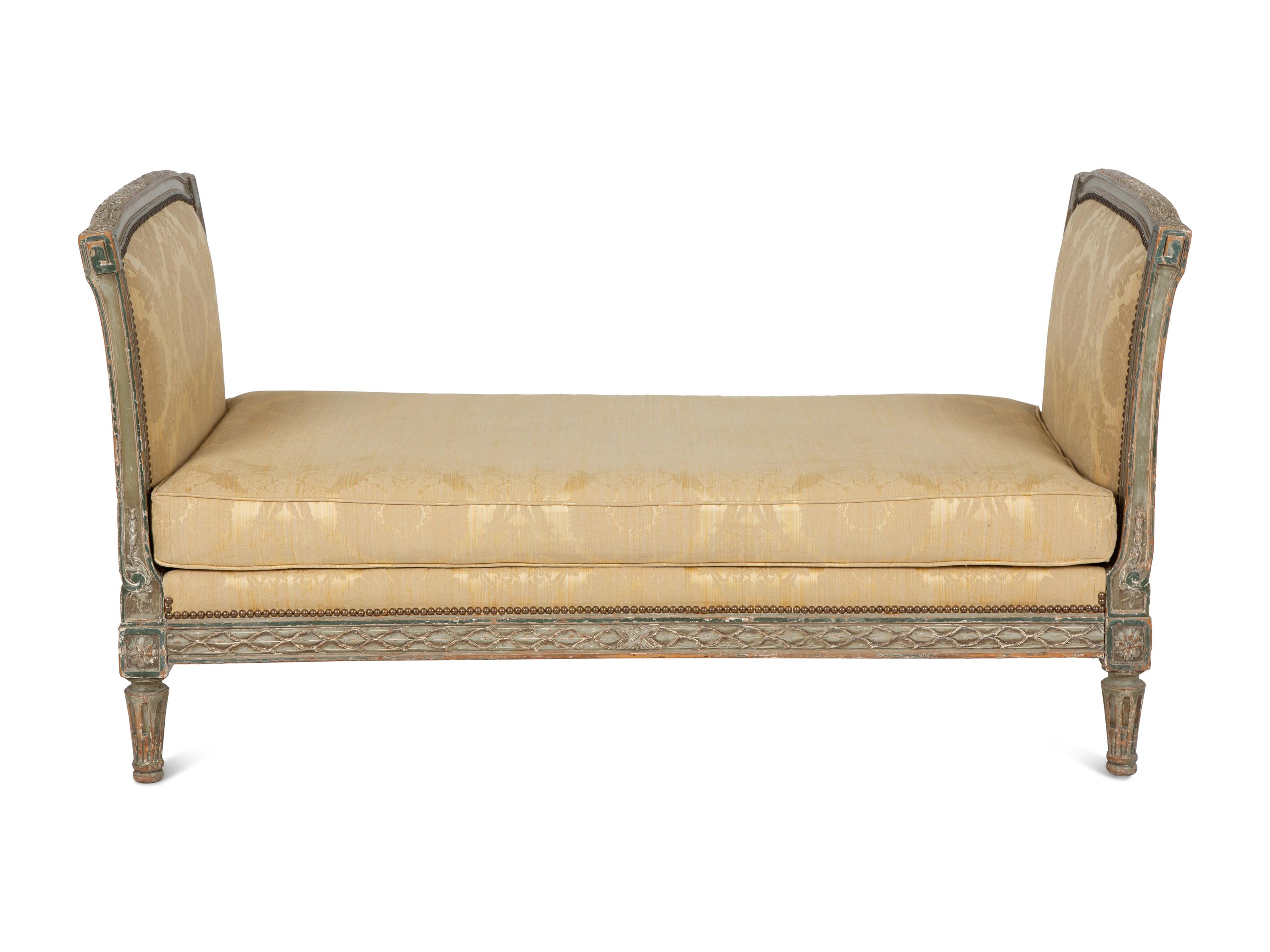 A Louis XVI Style Painted Daybed with Scalamandré Love Bird Pattern Silk Damask Upholstery