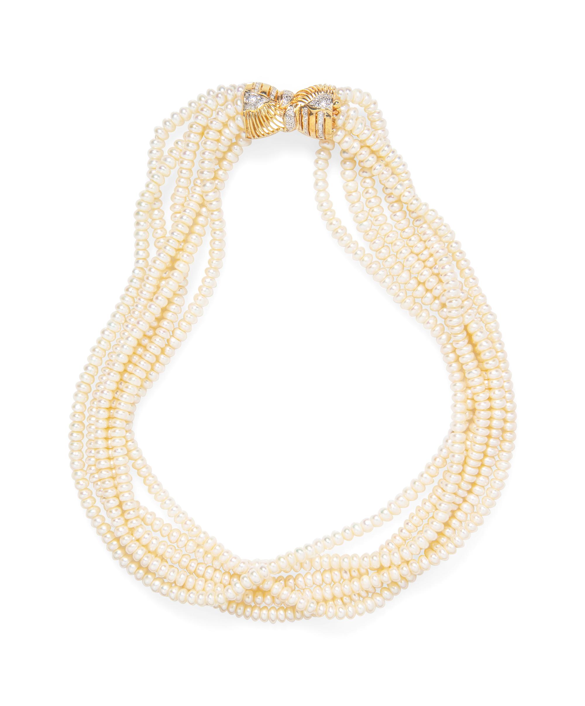 A 14 Karat Yellow Gold, Cultured Pearl and Diamond Necklace,