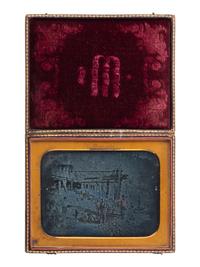 [WESTERN AMERICANA - MINING]. JOHNSON, George M., photographer. Half plate daguerreotype of California gold miners. Ca 1852.