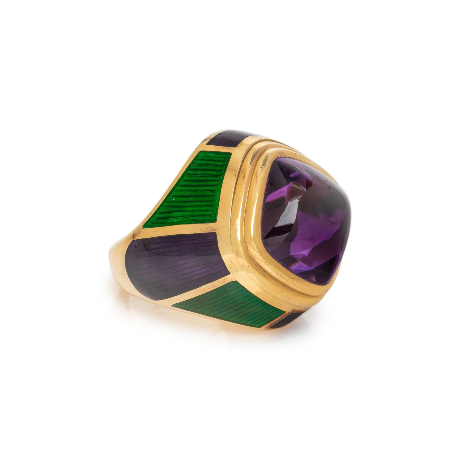 LEO DE VROOMEN, YELLOW GOLD, AMETHYST AND ENAMEL RING