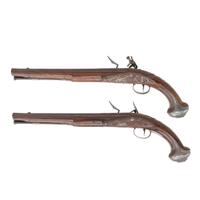 Pair of Silver Mounted English Flintlock Holster Pistols by Barbar