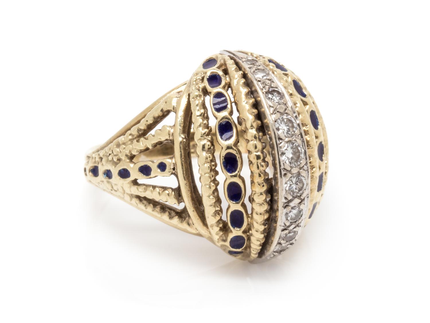 A 14 Karat Bicolor Yellow Gold, Diamond and Enamel Ring,