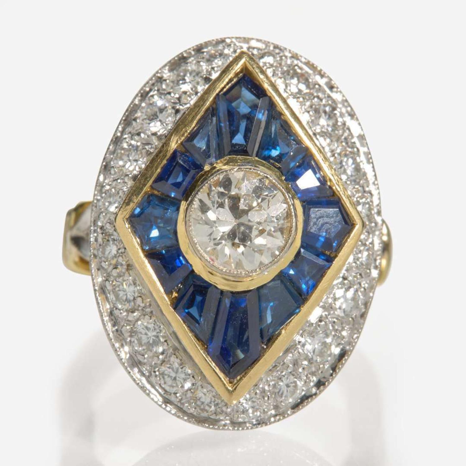 A 14K Yellow Gold, Diamond, and Sapphire Ring