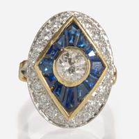 A 14K Yellow Gold, Diamond, and Sapphire Ring