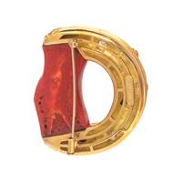 CHRISTOPHER WALLING, YELLOW GOLD, CORAL, DIAMOND AND BLACK DIAMOND BROOCH