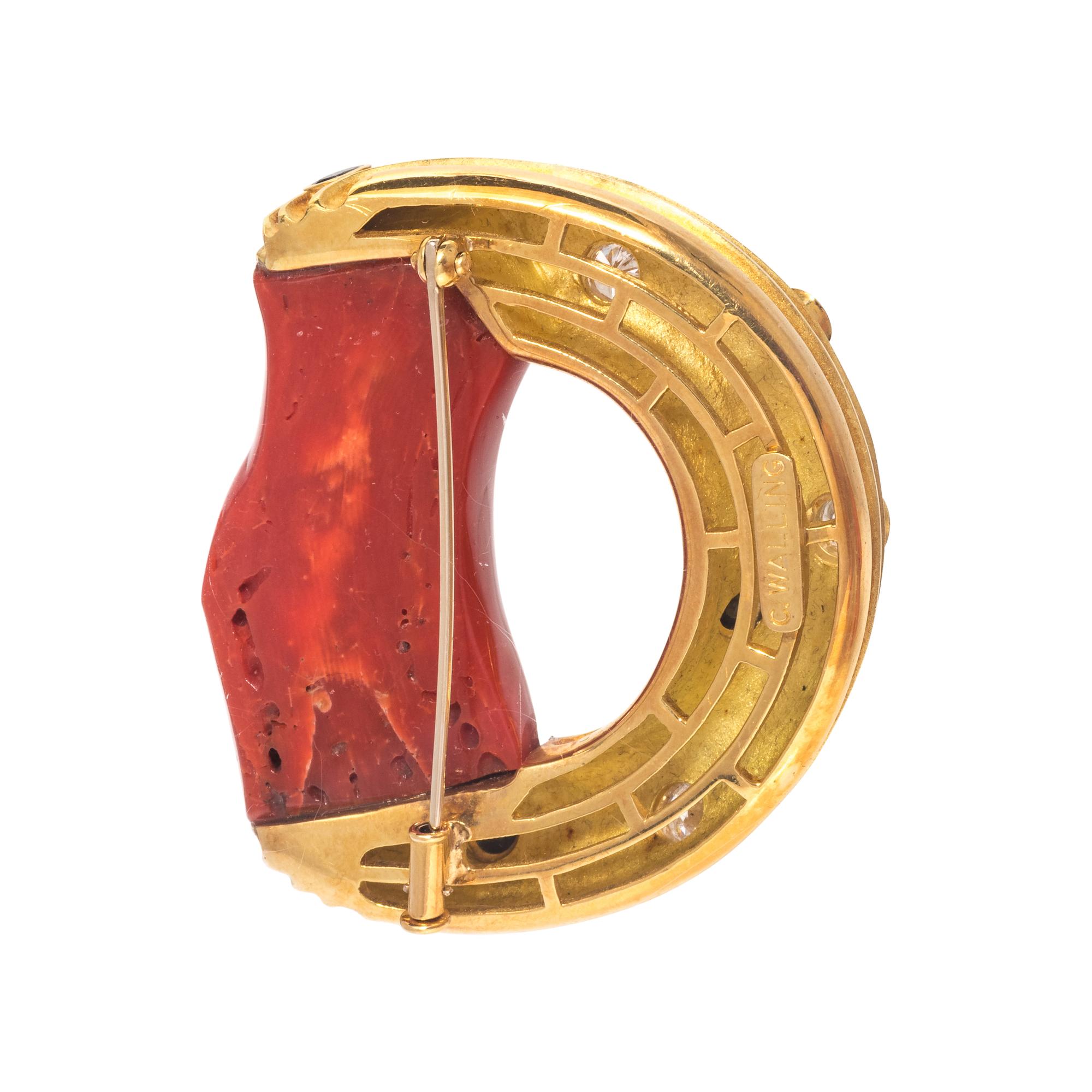 CHRISTOPHER WALLING, YELLOW GOLD, CORAL, DIAMOND AND BLACK DIAMOND BROOCH