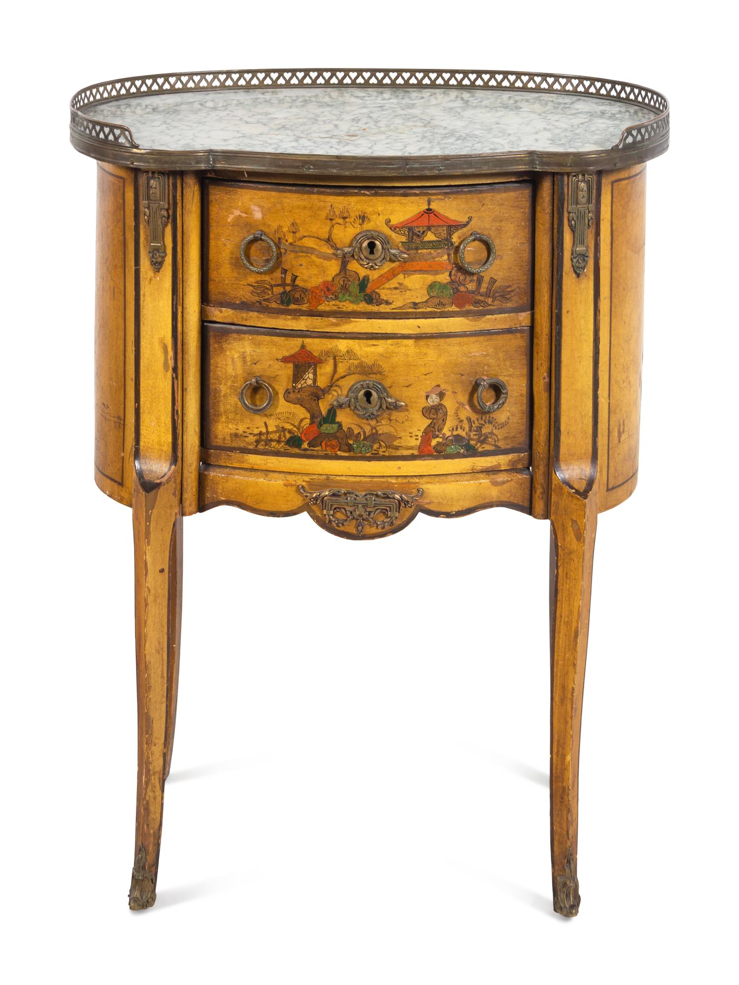 A Louis XV Style Chinoiserie Decorated Marble-Top Small Commode