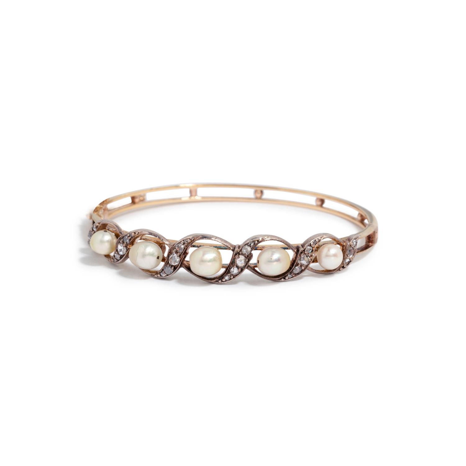ANTIQUE, PEARL AND DIAMOND BANGLE BRACELET