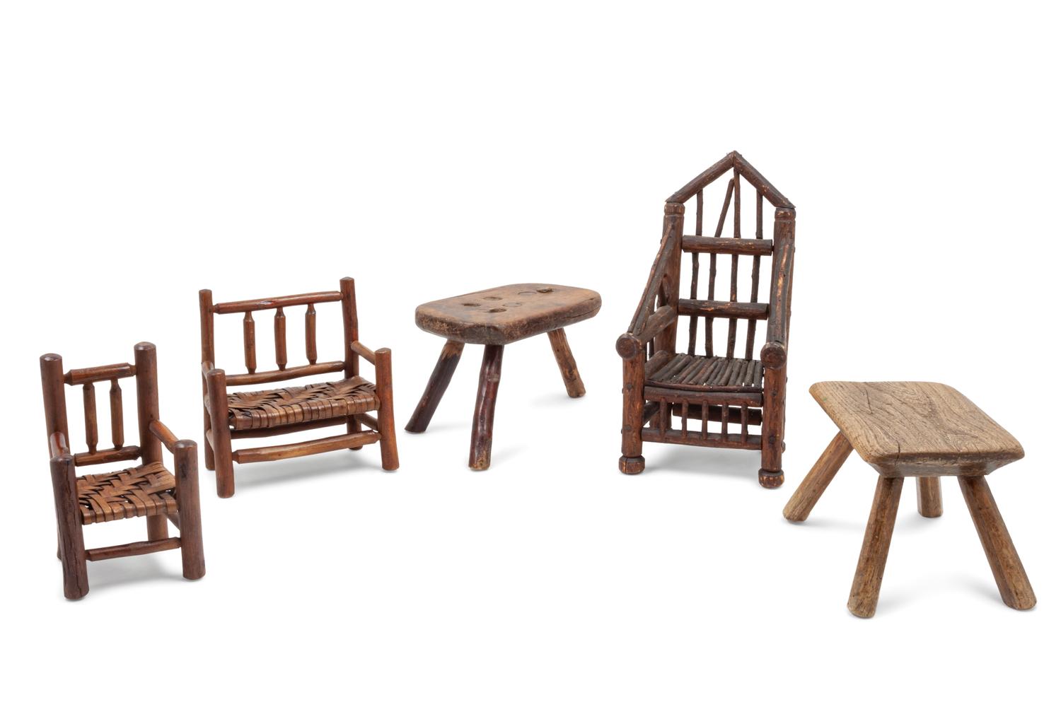 Three Doll Chairs and Two Children's Stools