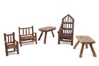 Three Doll Chairs and Two Children's Stools