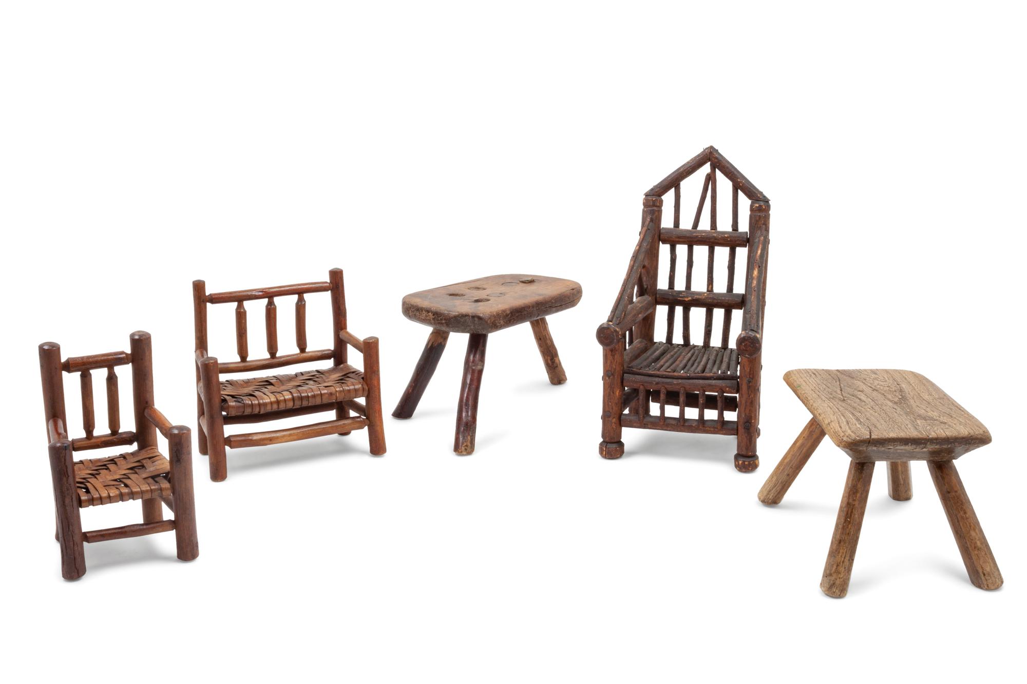 Three Doll Chairs and Two Children's Stools