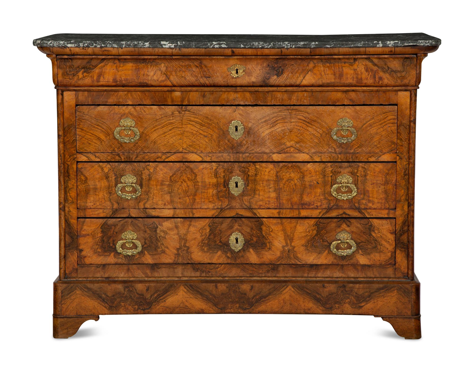 A Louis Philippe Burled Walnut Marble Top Commode