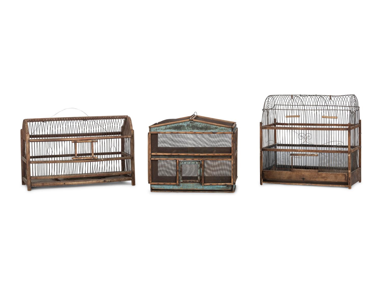 Three Wood and Wire Folk Art Bird Cages