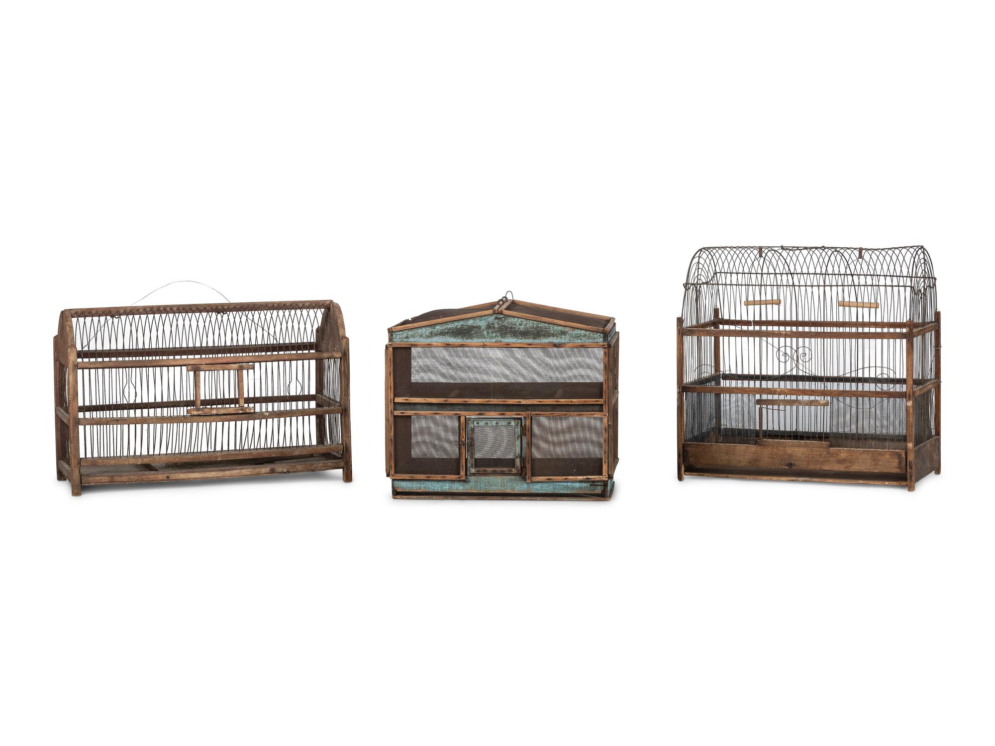 Three Wood and Wire Folk Art Bird Cages