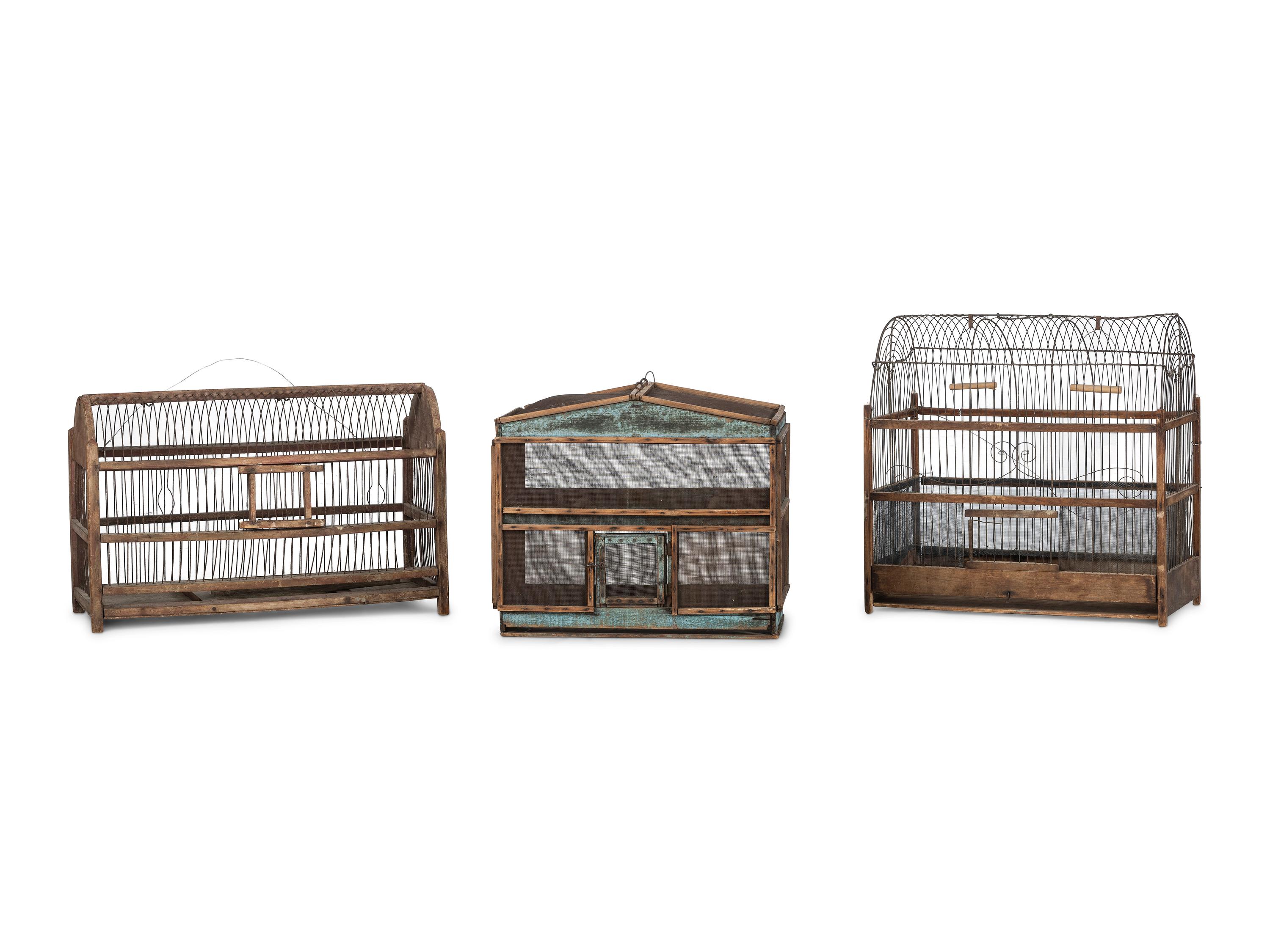 Three Wood and Wire Folk Art Bird Cages