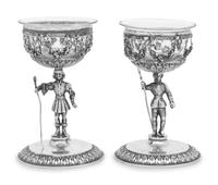 A Pair of German Silver Figural Goblets with Glass Liners