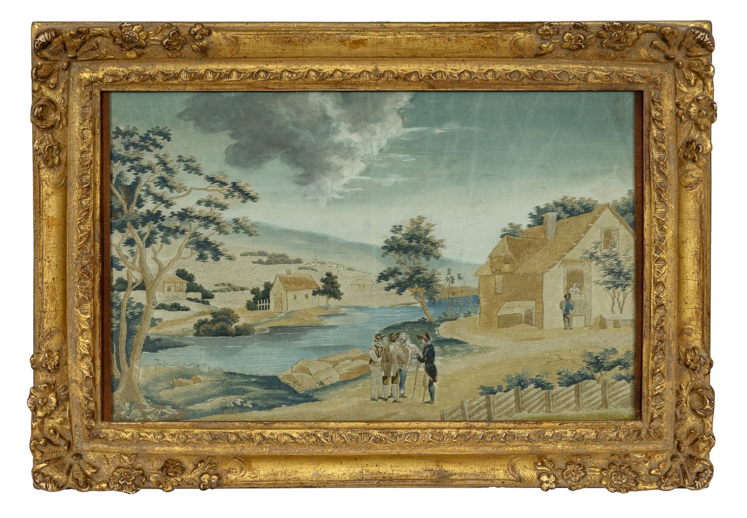 Four Continental Silk Needlework Pictures in Giltwood Frames