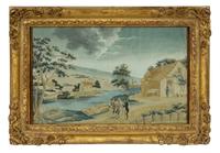 Four Continental Silk Needlework Pictures in Giltwood Frames