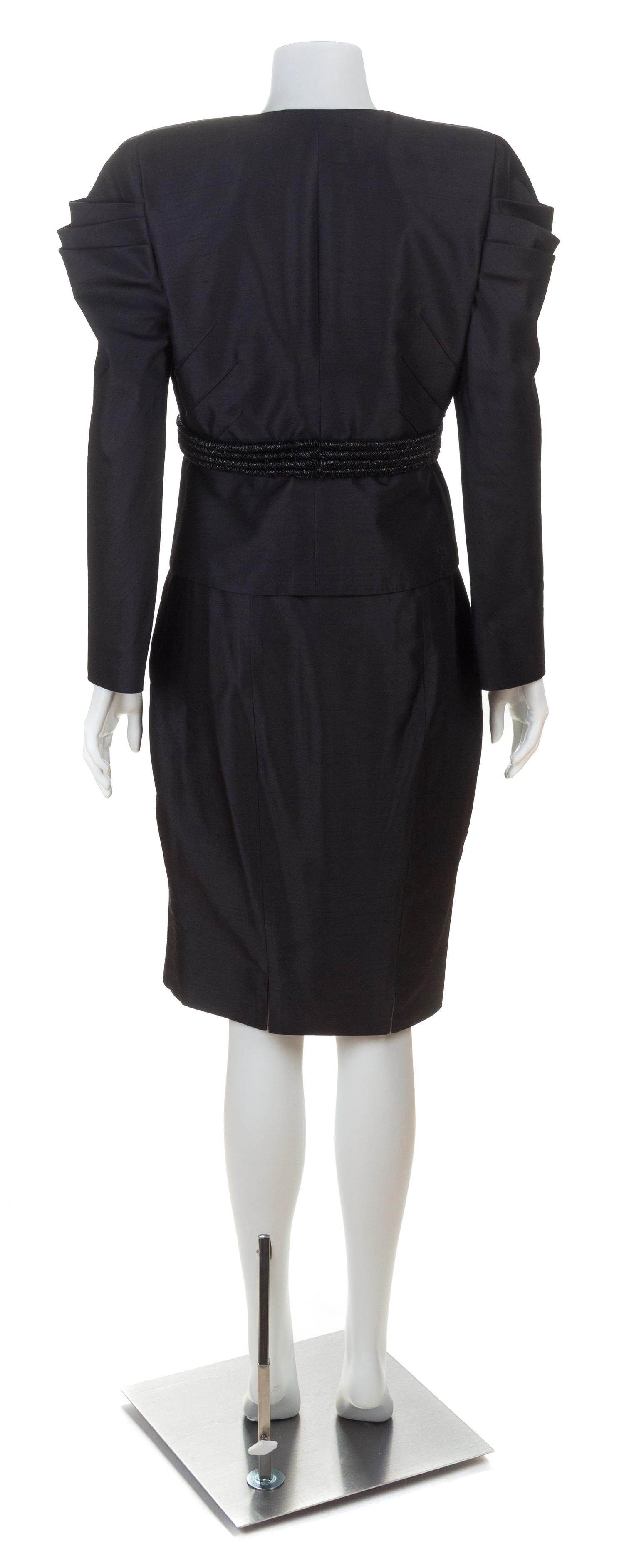 A Valentino Black Raw Silk Evening Skirt Suit, Skirt size 12; Jacket size 12.