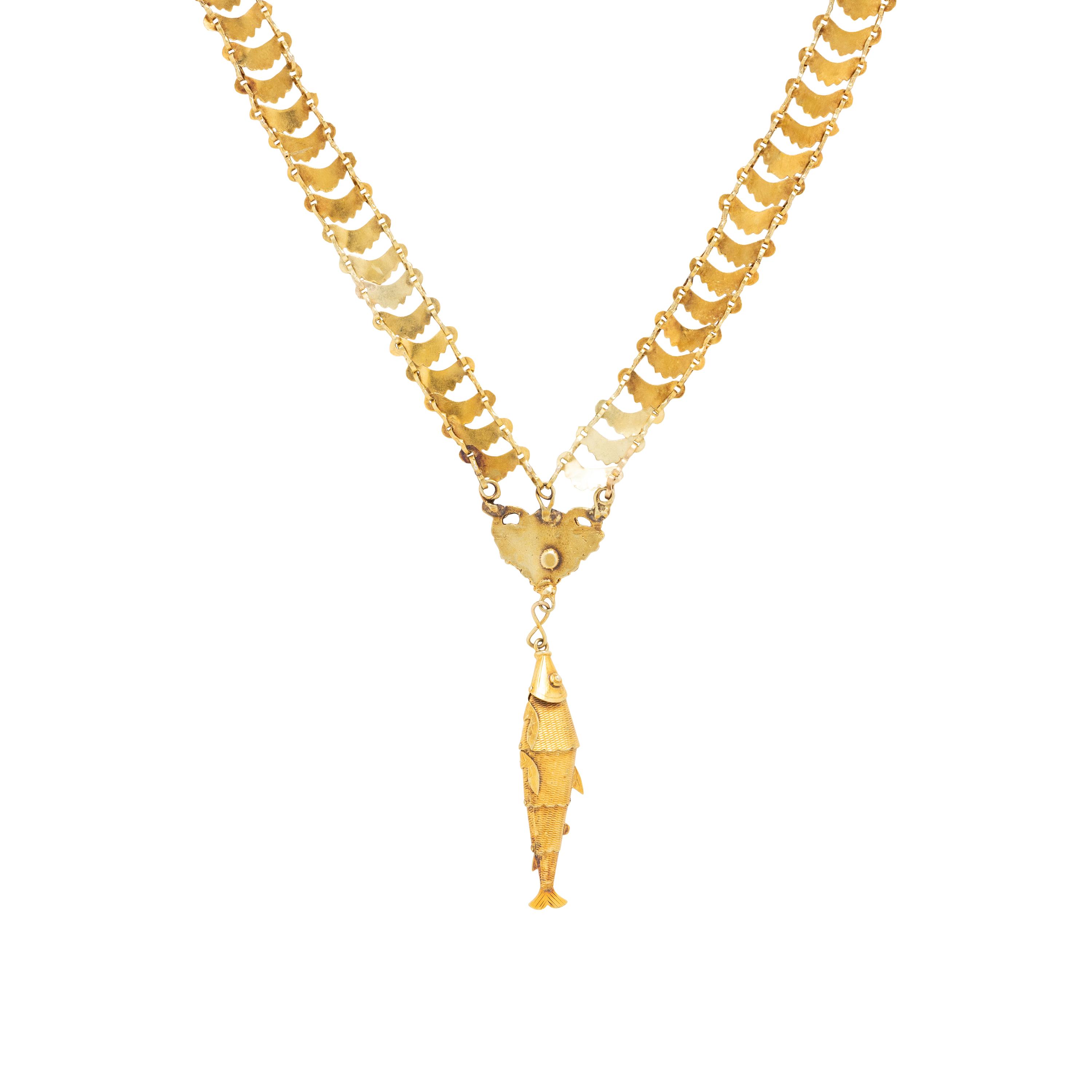 Yellow Gold Chain Necklace with Articulated Fish Pendant