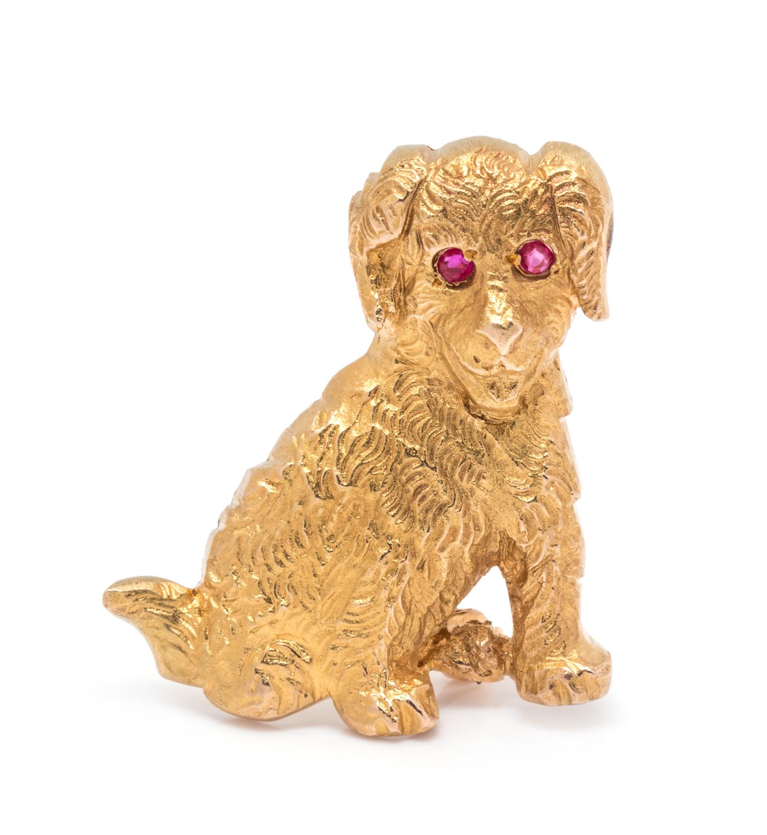 A 14 Karat Yellow Gold and Ruby Dog Brooch,