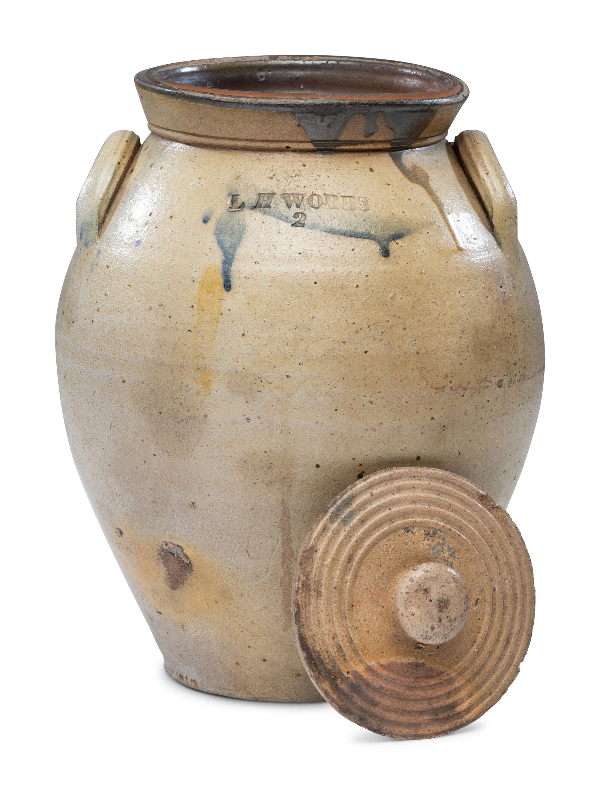 A Lahan Worbs Two Gallon Lidded Stoneware Crock