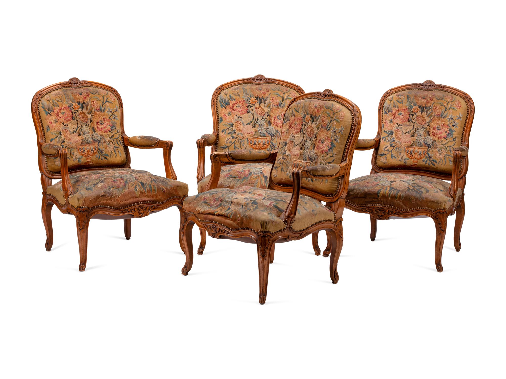 A Set of Four Louis XV Beechwood Fauteuils with Tapestry Upholstery