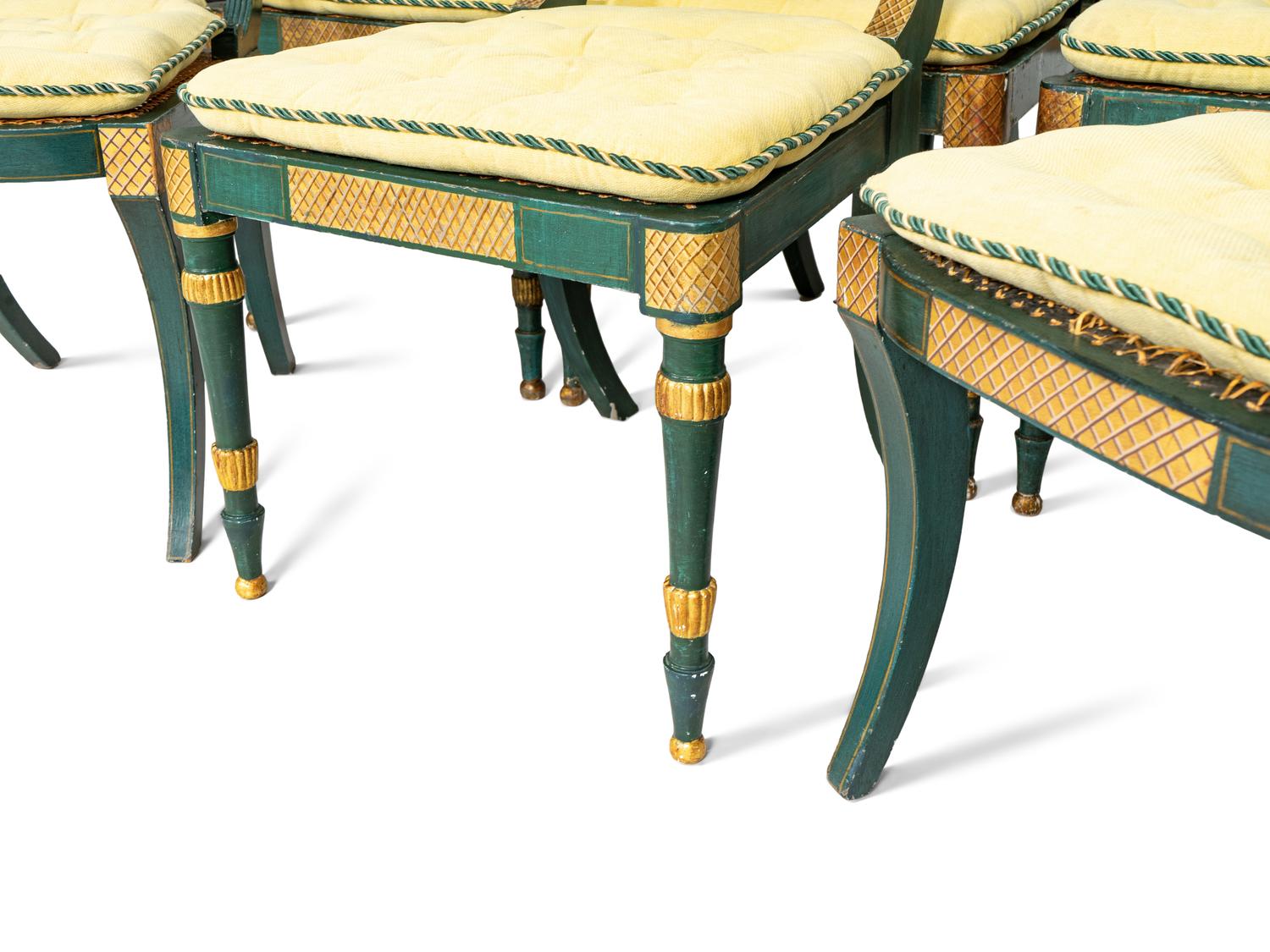 A Set of Eight Continental Green Painted and Parcel Gilt Lyre-Back Dining Chairs