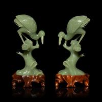 A Pair of Chinese Serpentine Figures of Cranes, 20th Century — 近代 青玉瑞鶴一對