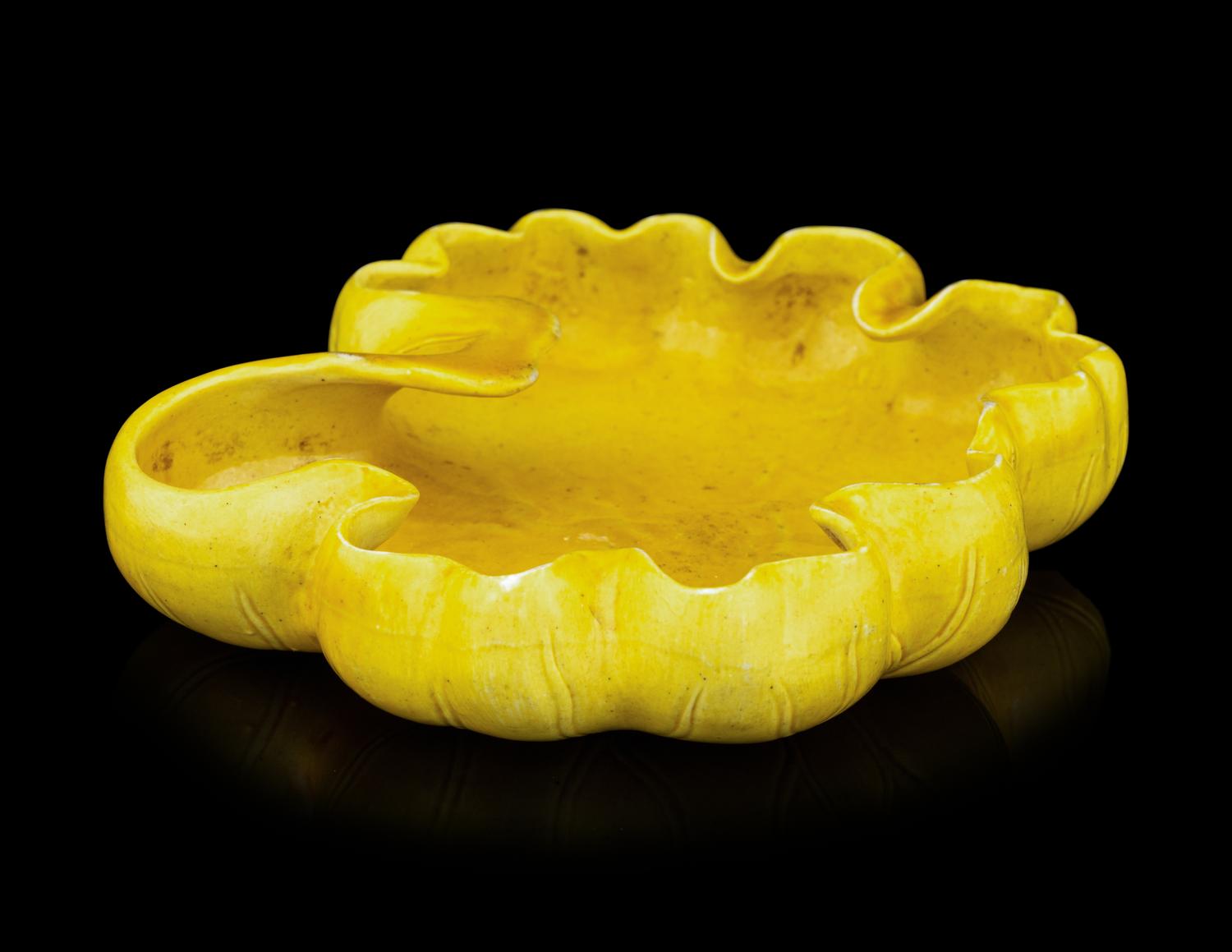 A Chinese Yellow Glazed Porcelain Lotus Leaf-Form Ink Palette