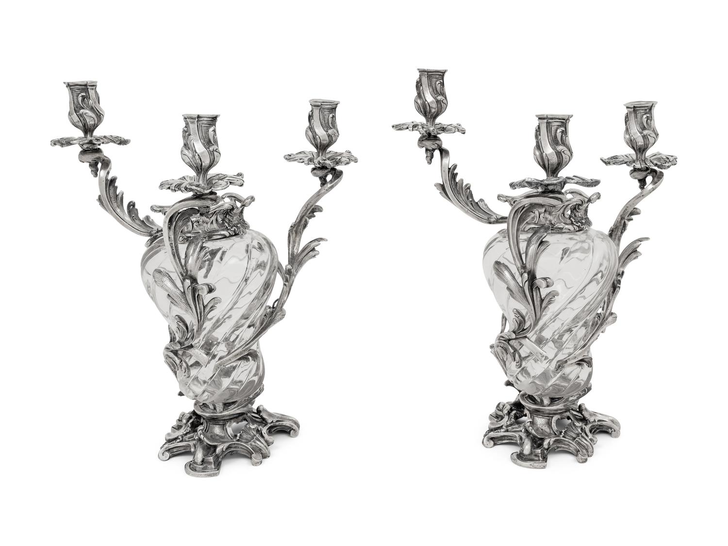 A Pair of Austrian Silver Mounted Cut Glass Three-Light Candelabra