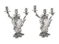 A Pair of Austrian Silver Mounted Cut Glass Three-Light Candelabra