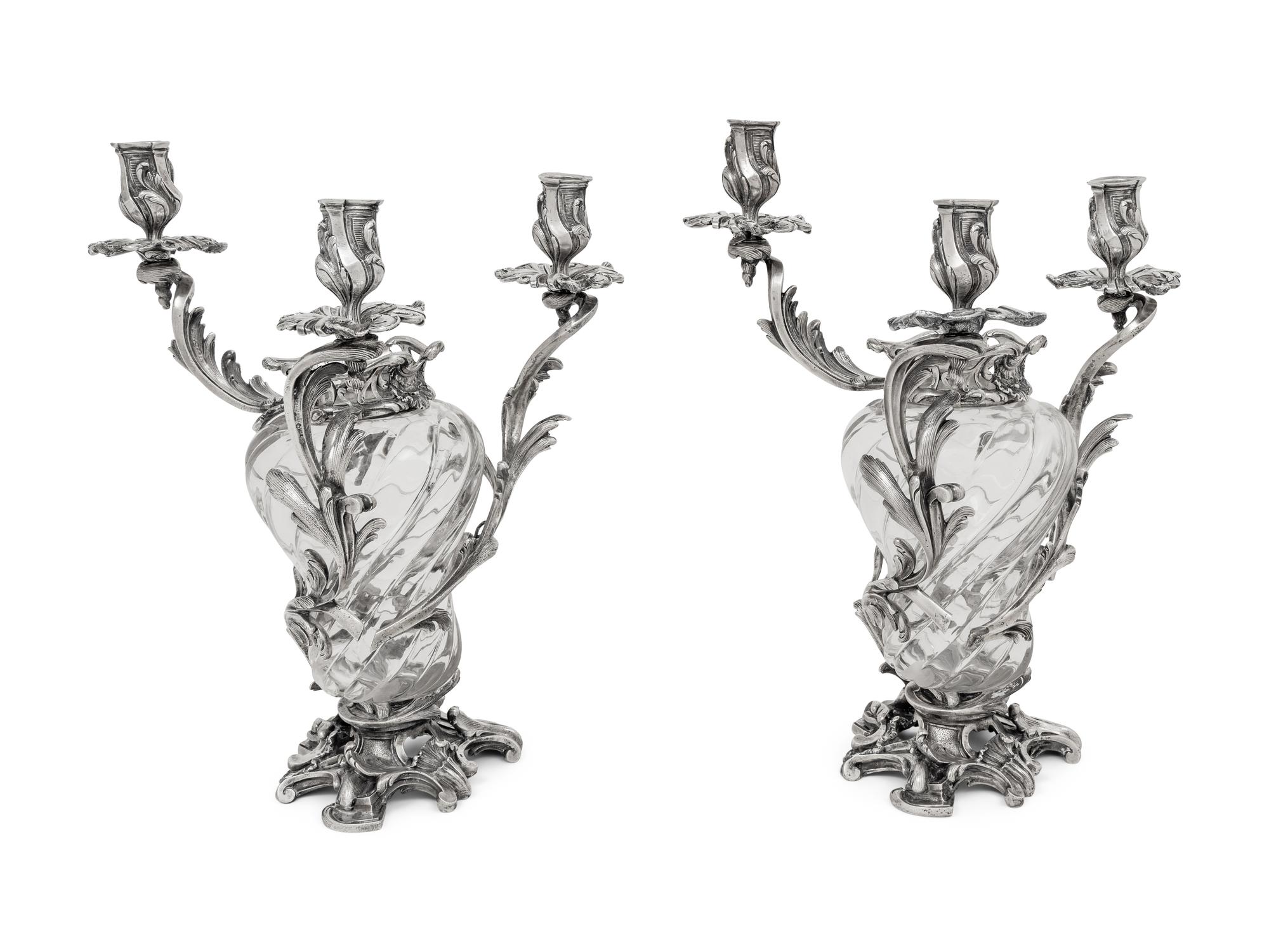 A Pair of Austrian Silver Mounted Cut Glass Three-Light Candelabra