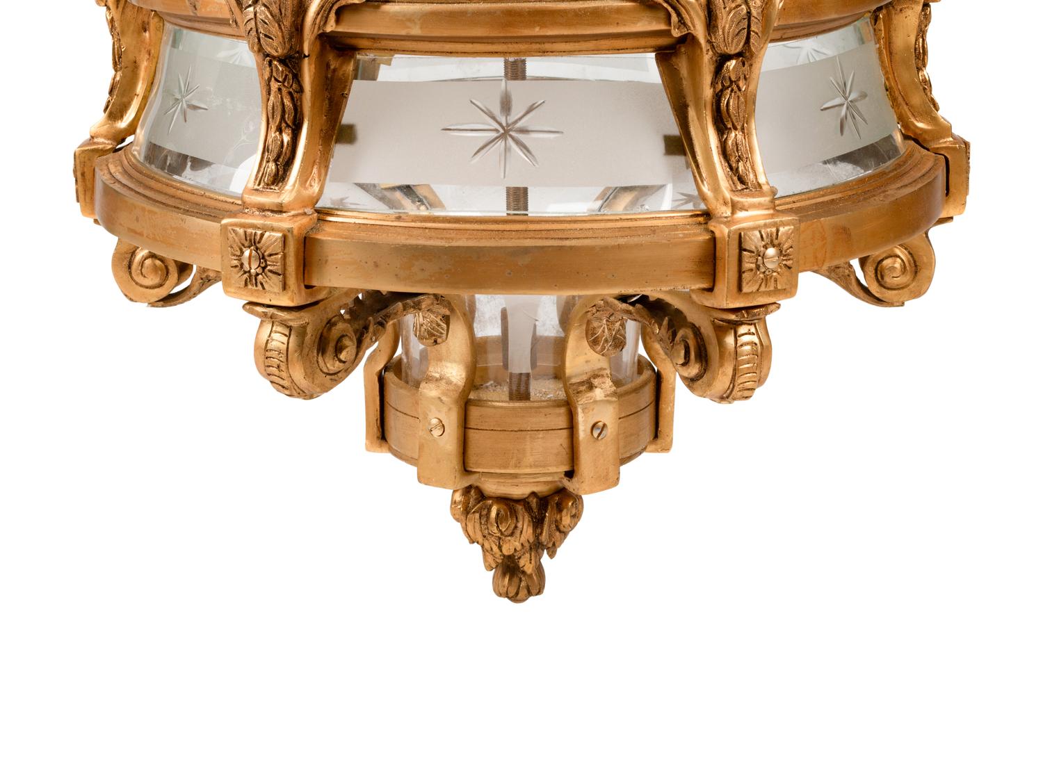 A Large Neoclassical Style Gilt Bronze and Etched Glass Hall Lantern