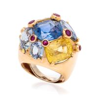 A Vintage Yellow Gold, Sapphire and Ruby Bombe Ring, 9.00 dwts.