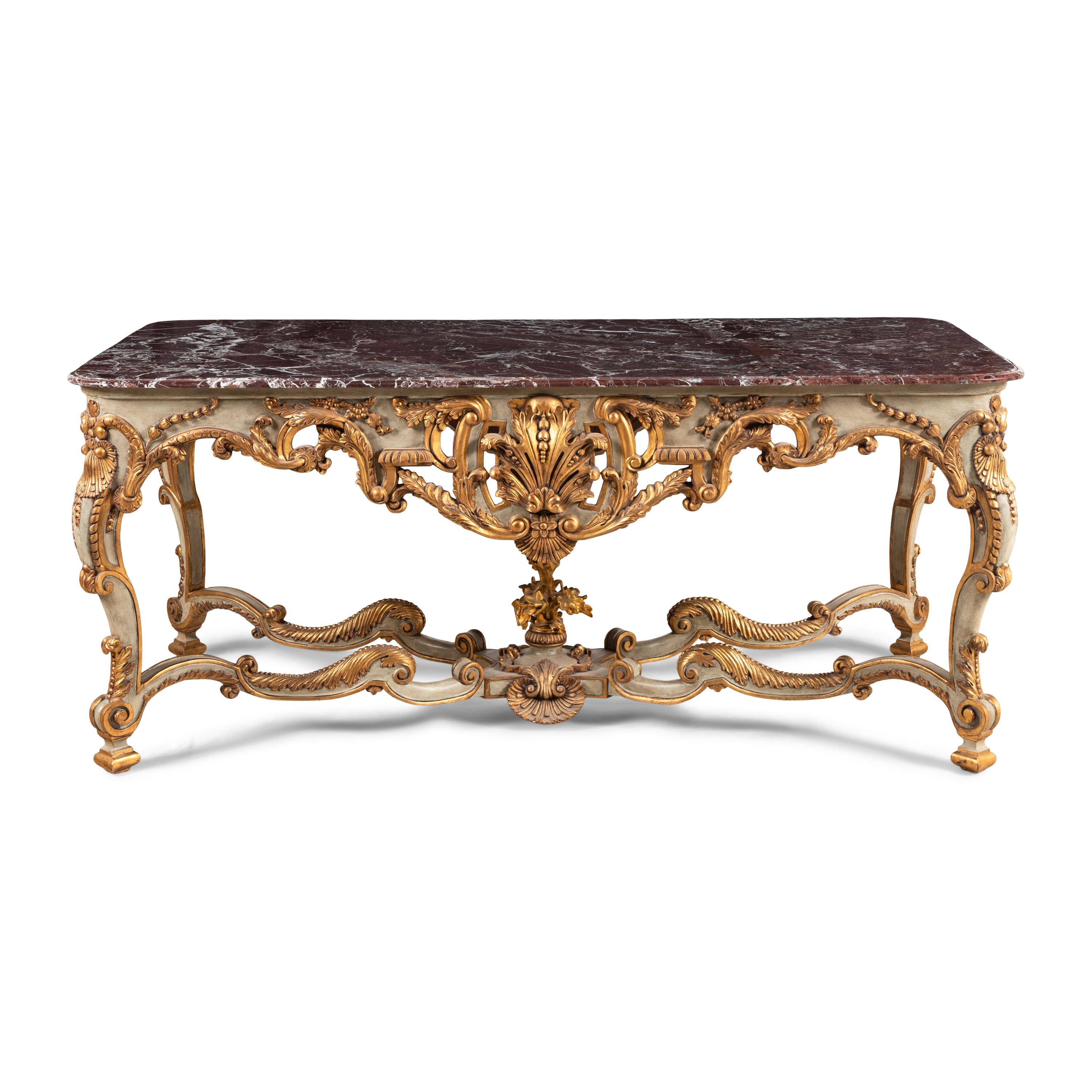 A Régence Style Painted and Parcel Gilt Marble-Top Center Table
