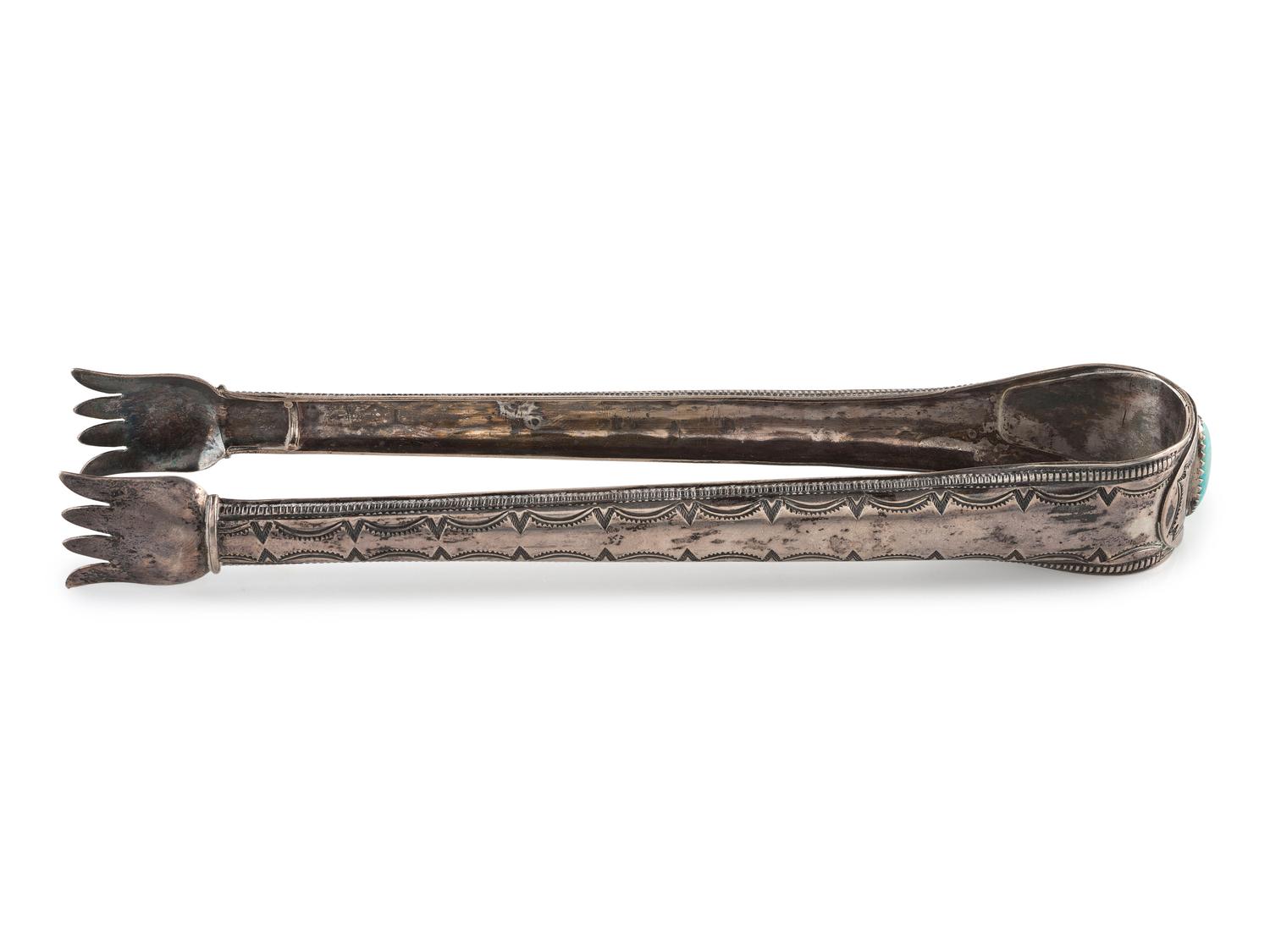 Southwestern-style Heavily Stamped Sterling Silver and Turquoise Tongs